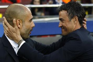 Guardiola (Bayern Monaco) sia abbraccia con Luis Enrique (Barcellona)