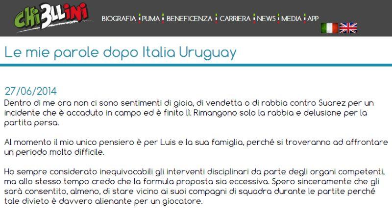 Chiellini perdona Suarez: 'Pena eccessiva'. Ma la Fifa: 'Si curi'. Tabarez: 'Hanno deciso i media' VIDEO 