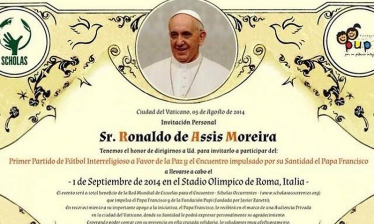 Papa Francesco convoca per la partita della pace Baggio, Eto'o, Ronaldinho, Zidane, Messi e Maradona