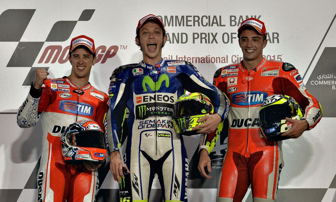 Rossi, che mito! Trionfo in Qatar, storico tris Italia con Dovizioso e Iannone