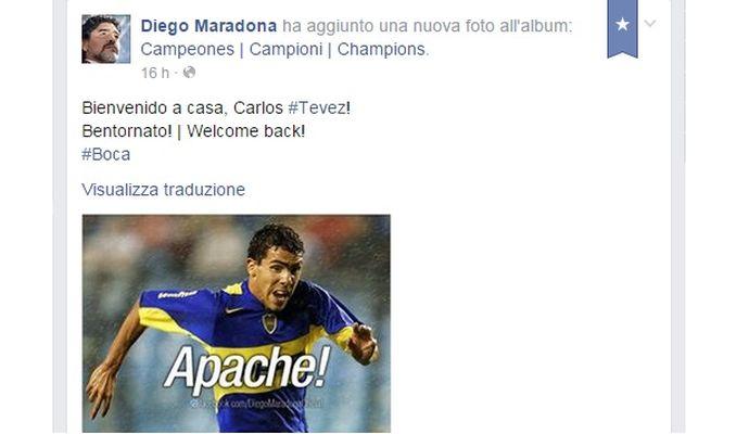Maradona dà il bentornato a Tevez