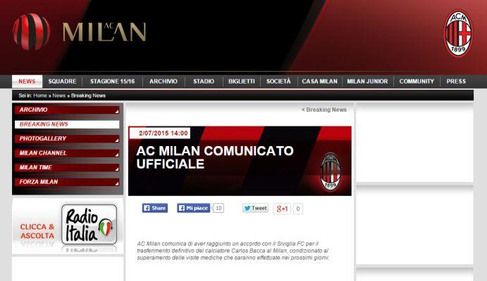 MILAN, UFFICIALE: PRESO BACCA 