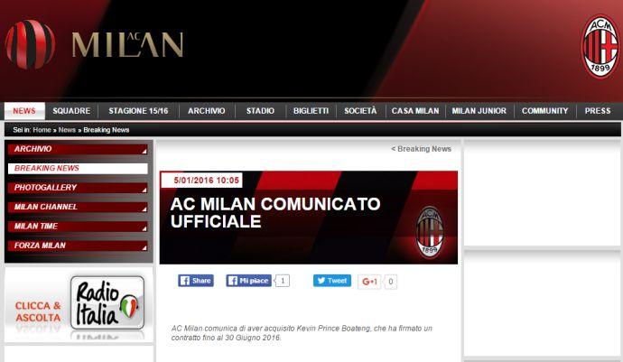 Milan: UFFICIALE Boateng, può giocare