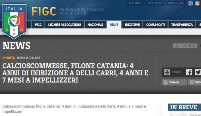 Calcioscommesse: multa al Catania, 4 anni di inibizione per Delli Carri e Impellizzeri