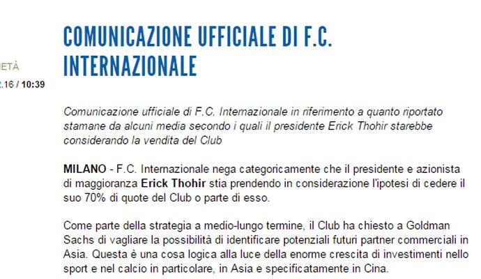 Thohir: 'L'Inter non è in vendita, non moriamo senza Champions'