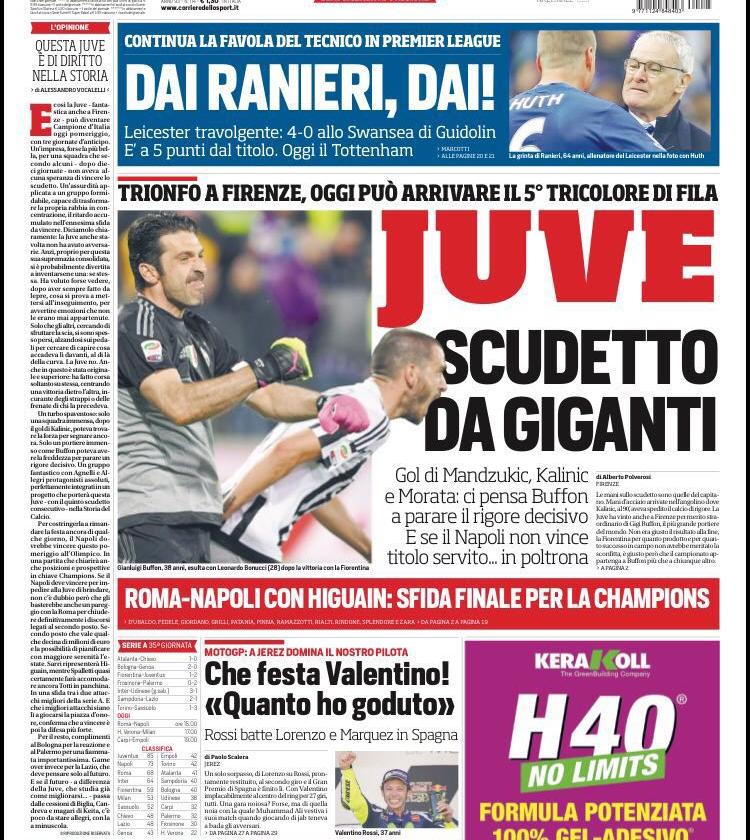 Italian front pages - "Giant Scudetto", "Go Ranieri Go"