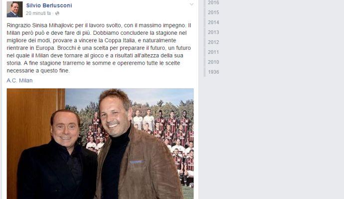 UFFICIALE: via Mihajlovic, c'è Brocchi. Berlusconi: 'Il Milan deve fare di più'