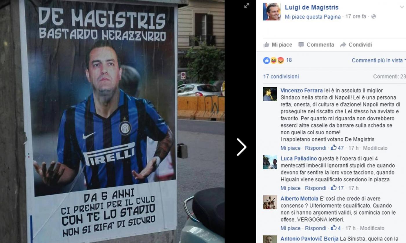 Napoli, manifesti (con insulti) al sindaco De Magistris con la maglia dell'Inter