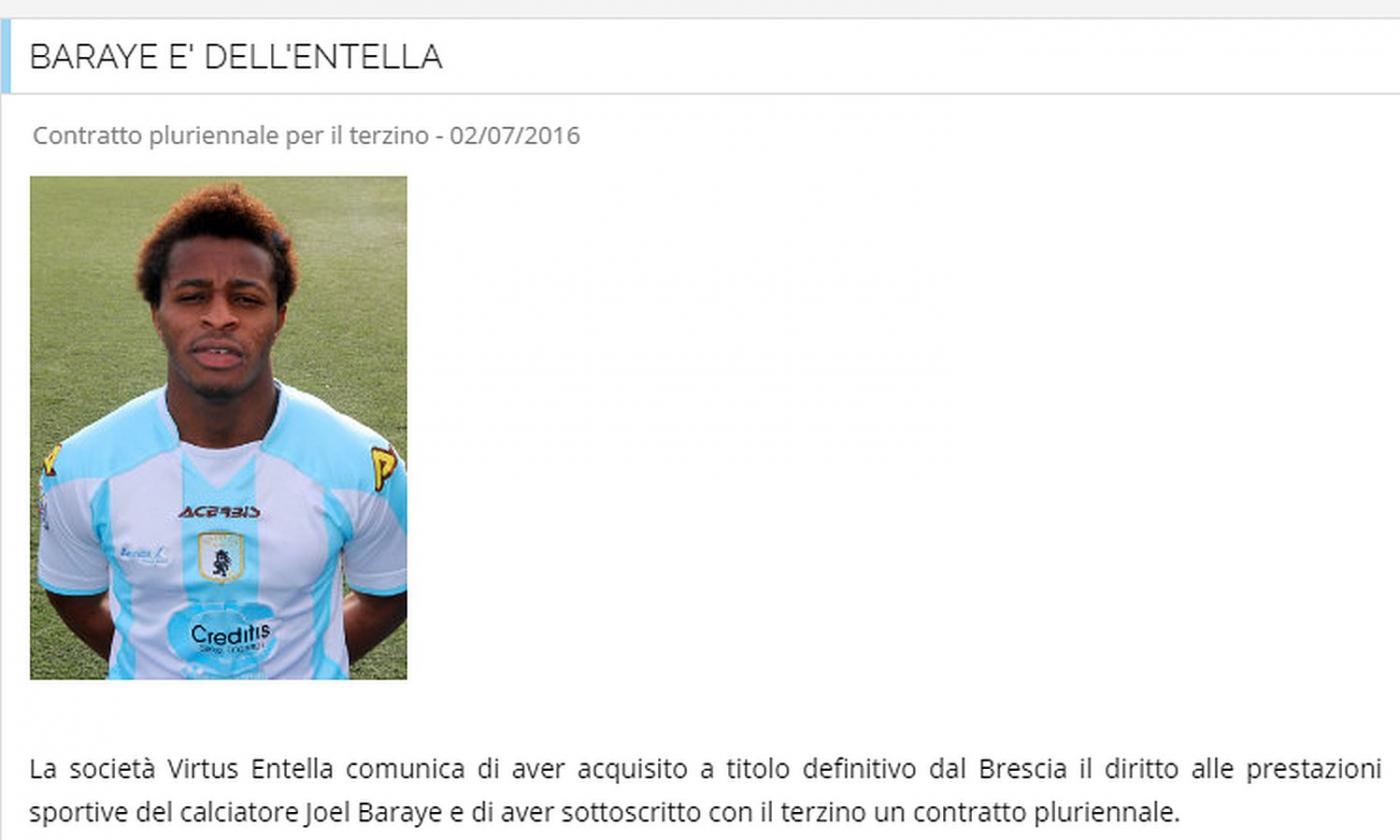 Entella, UFFICIALE: preso Baraye dal Brescia