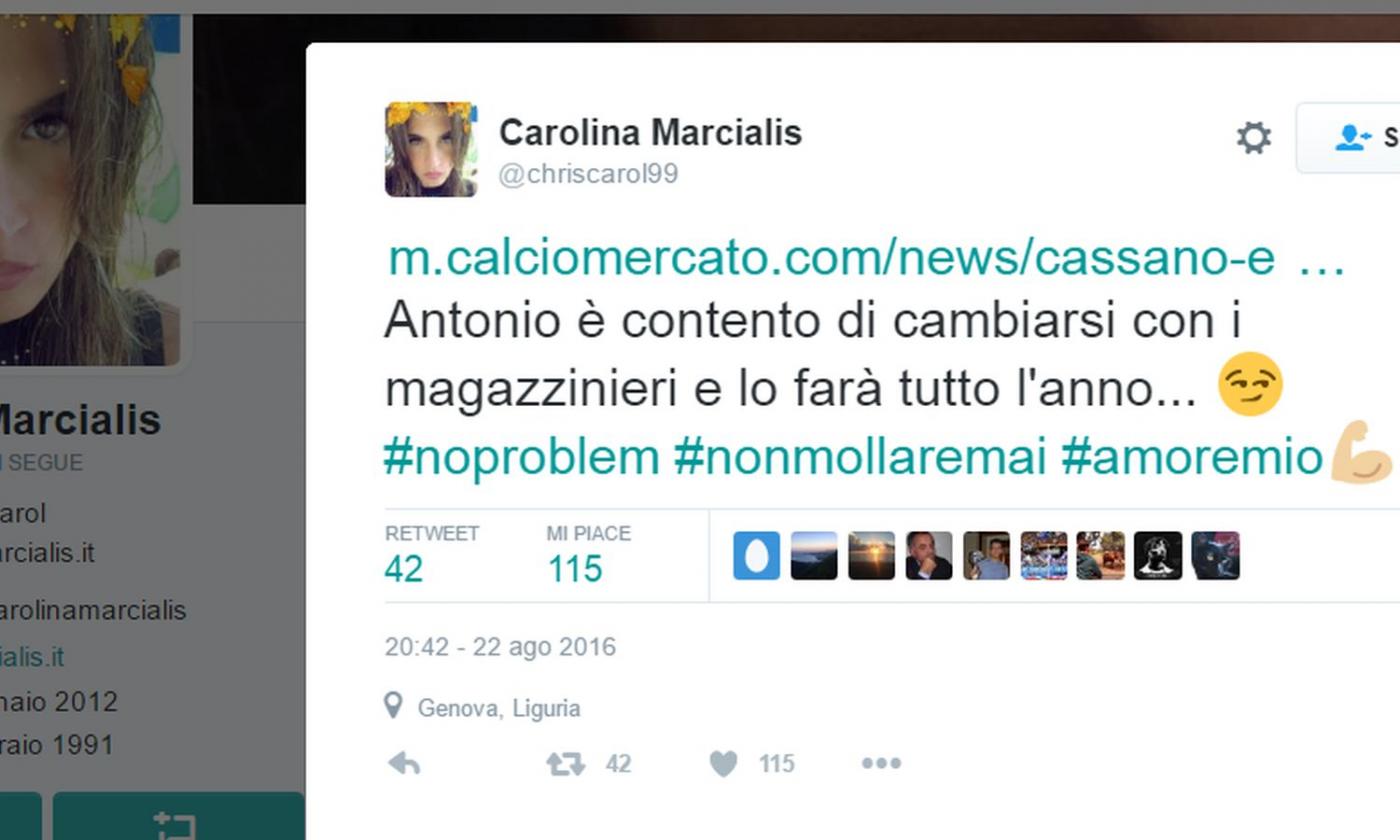 Caso Cassano, Carolina twitta Calciomercato.com: 'E' contento di cambiarsi con i magazzinieri'