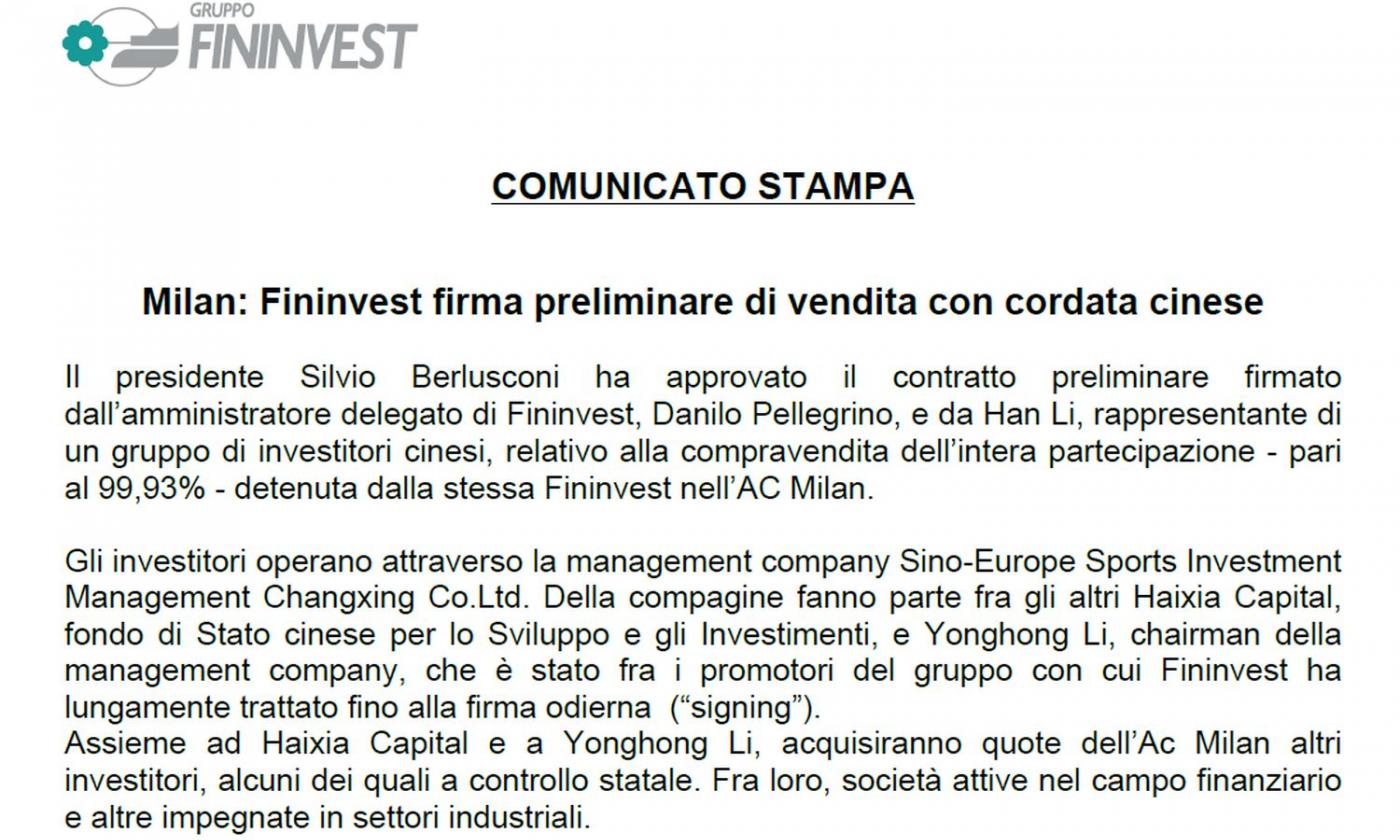 MILAN, UFFICIALE: FININVEST FIRMA PRELIMINARE DI VENDITA CON CORDATA CINESE DI HAN LI