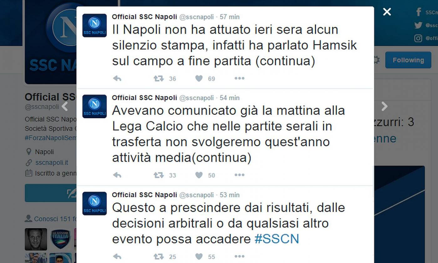 Il Napoli precisa: 'Non siamo in silenzio stampa. Non faremo mai interviste nelle trasferte serali'