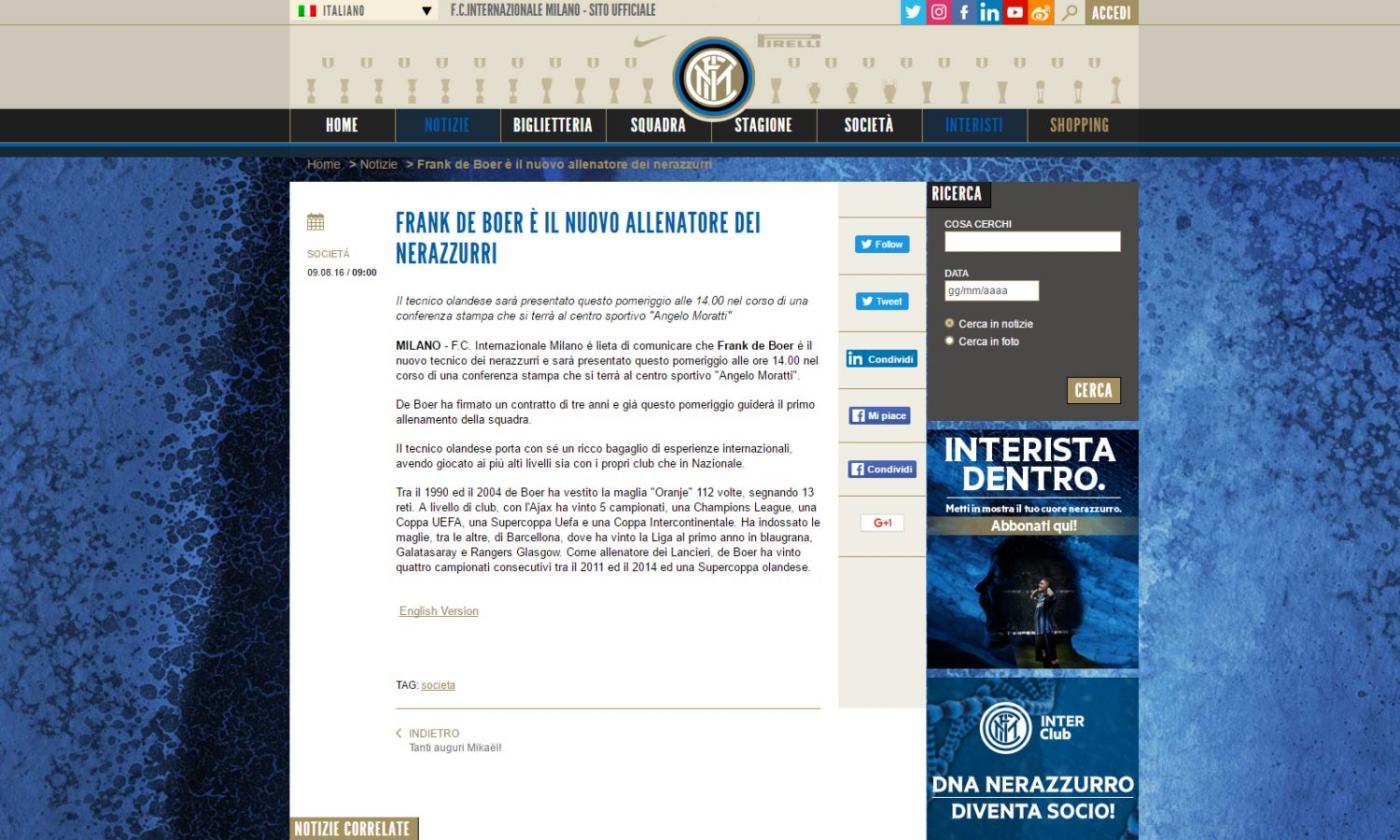 Inter. OFFICIAL: de Boer is the new coach. Presentation at 14:00