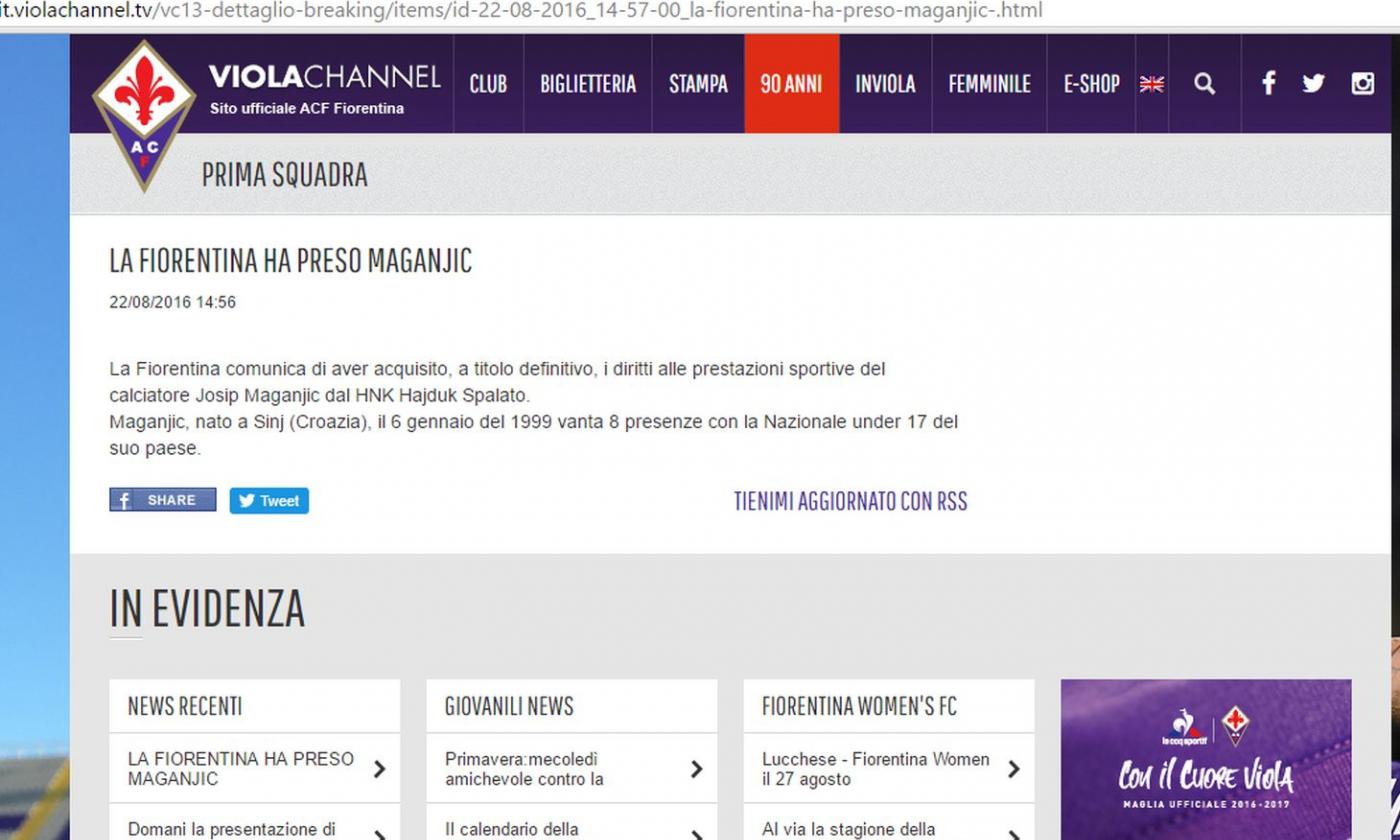 Fiorentina, UFFICIALE: preso Maganjic