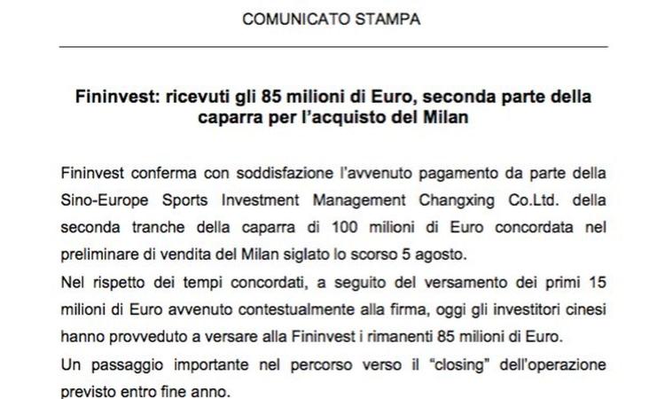 MILAN, VERSATI GLI 85 MILIONI DI EURO DAI CINESI. Il comunicato: 'Pronti 350 mln per i prossimi 3 anni'