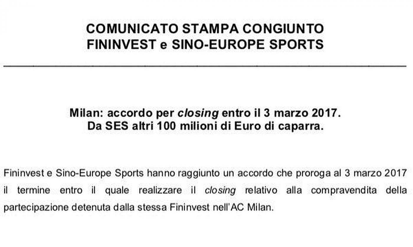 FININVEST, UFFICIALE: 'CLOSING MILAN ENTRO IL 3 MARZO, DA SINO EUROPE ALTRI 100 MILIONI'