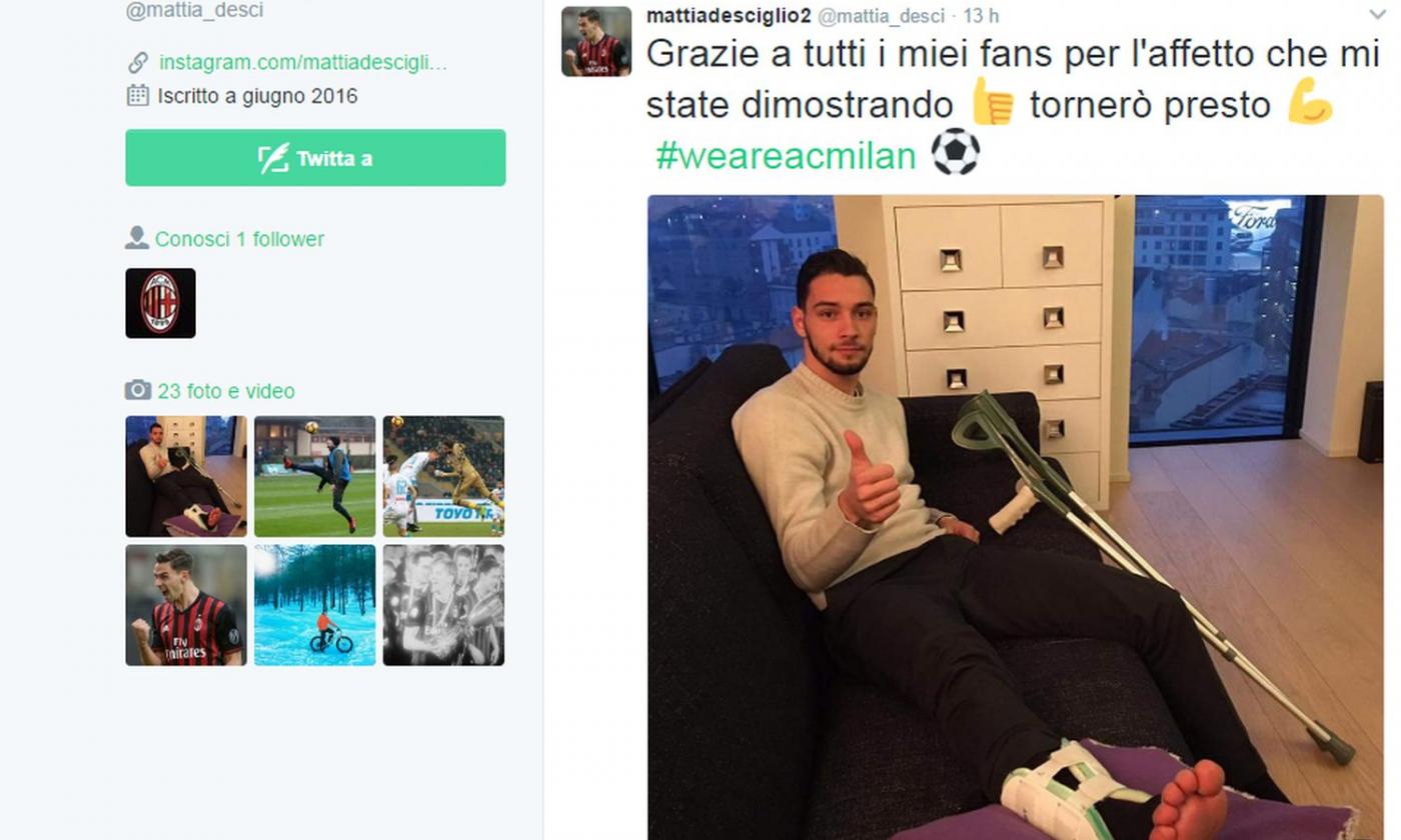 De Sciglio, messaggio ai tifosi. Intanto Bonaventura preoccupa: sei mesi fuori?