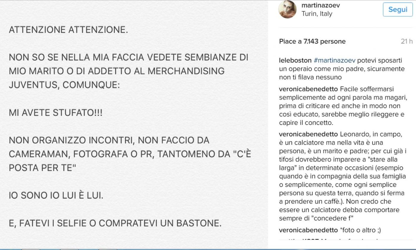 La moglie di Bonucci sbotta con i tifosi: 'Mi avete stufato!'. Poi la retromarcia