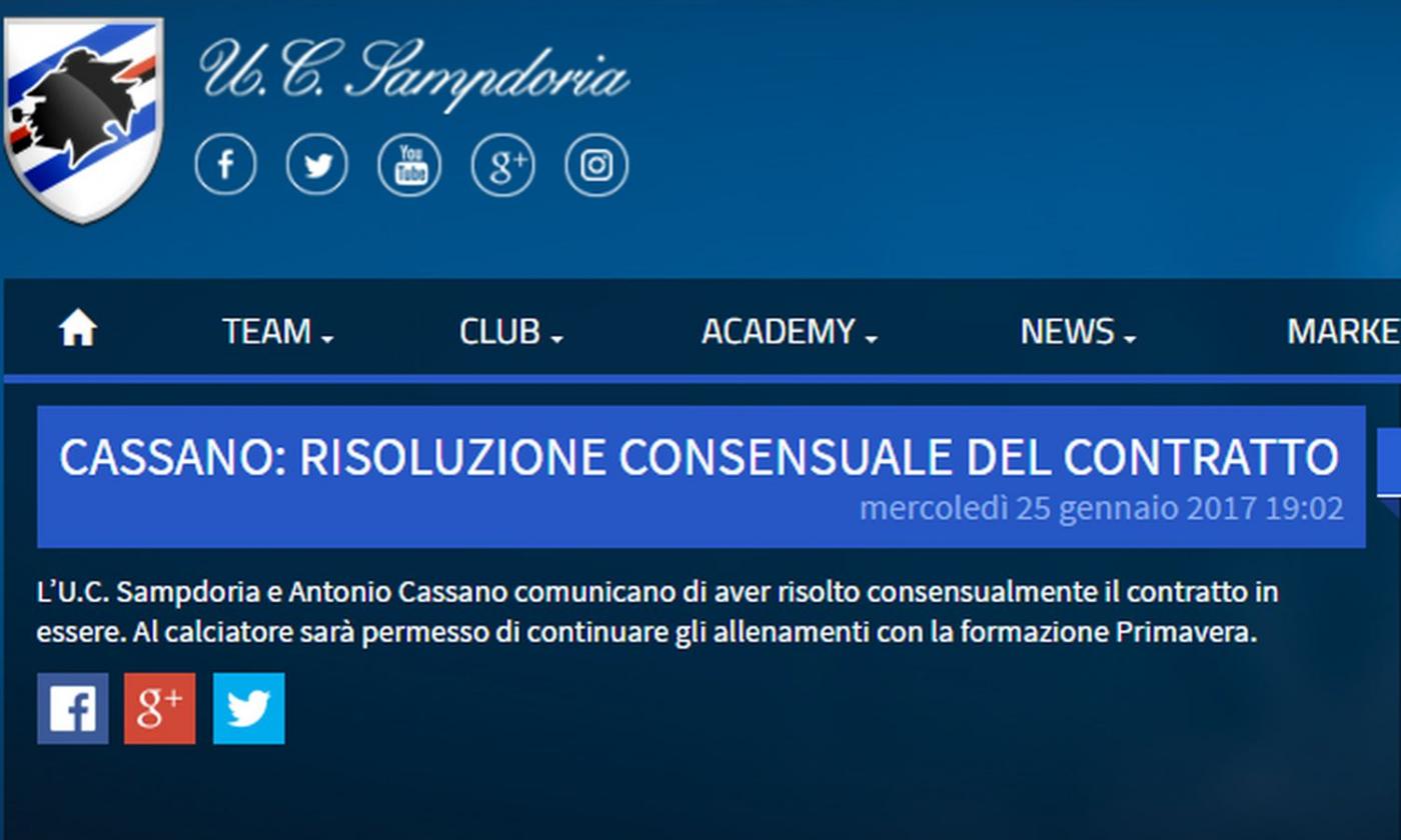 Samp, UFFICIALE: rescinde Cassano