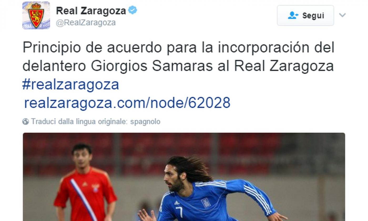 Saragozza, UFFICIALE: accordo con Samaras