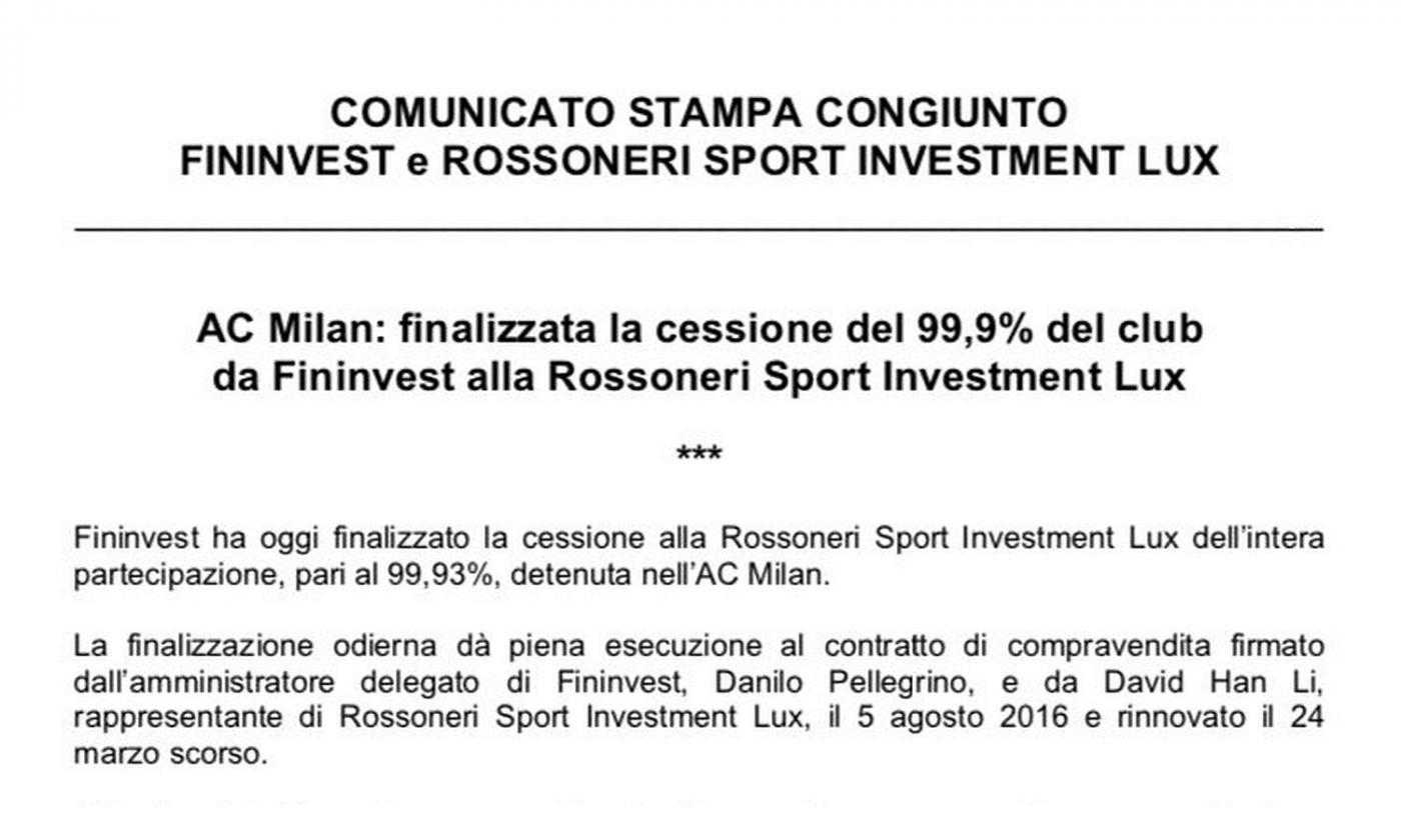 FININVEST: 'MILAN A YONGHONG LI PER 740 MILIONI. INVESTIMENTI PER RAFFORZARE LA SQUADRA'