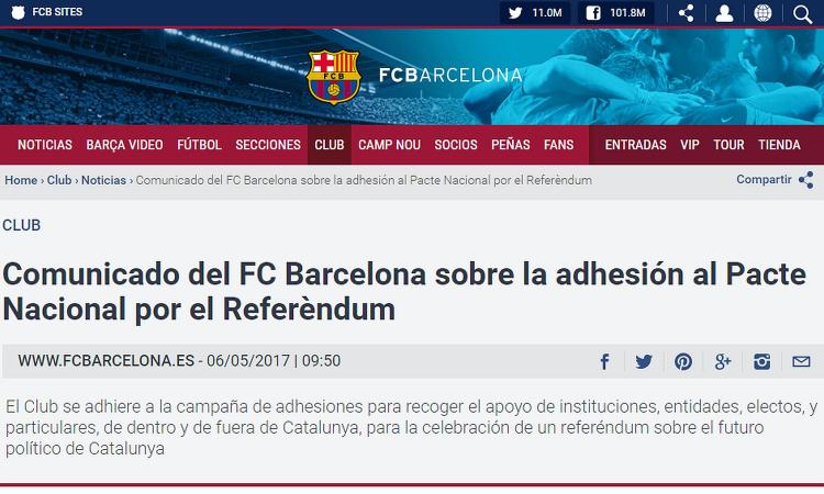 Il Barcellona si schiera e appoggia il referendum indipendentista catalano