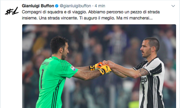 Buffon saluta Bonucci: 'Ti auguro il meglio, ma mi mancherai'. E lui risponde: 'Ci vediamo in Nazionale'