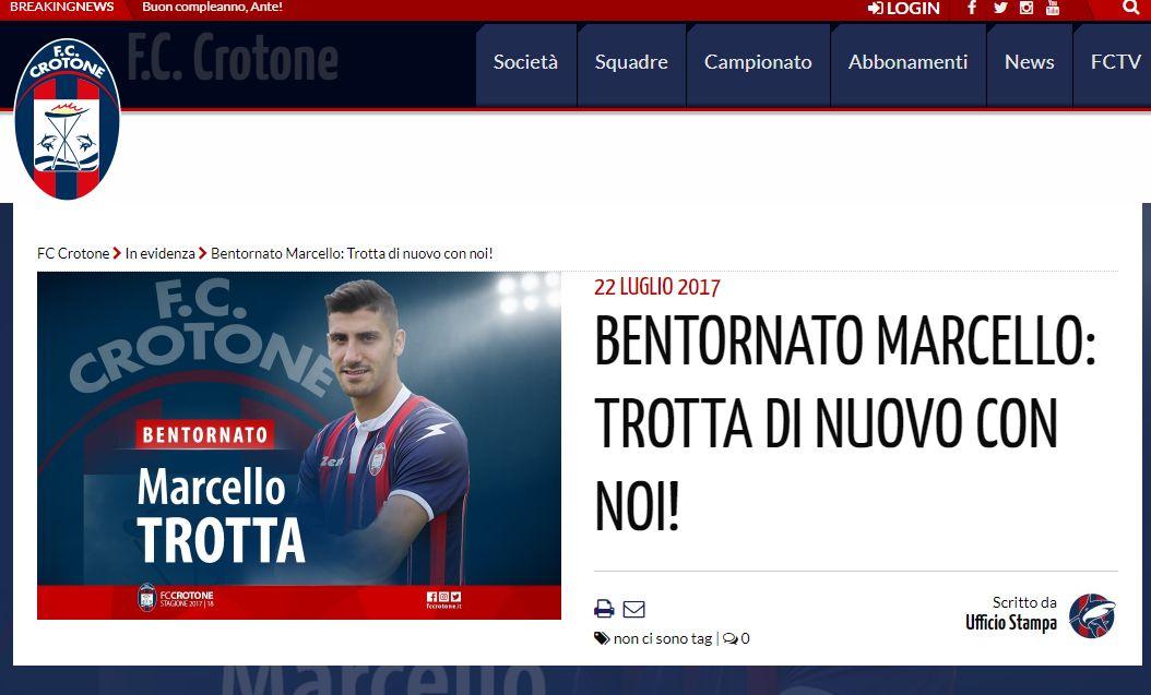 Crotone, UFFICIALE: preso Trotta dal Sassuolo