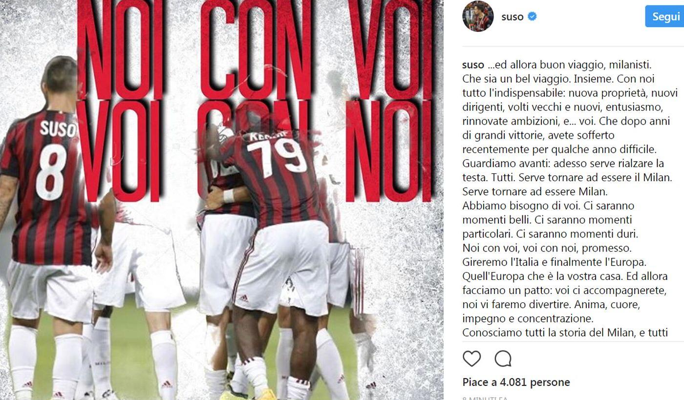 Tifosi del Milan, leggete il messaggio d'amore di Suso 