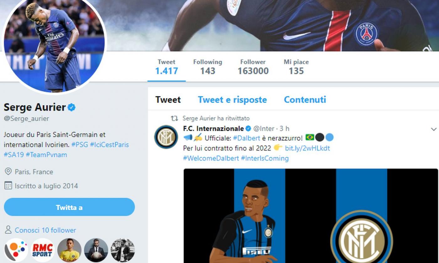 Aurier, messaggio all'Inter: posta l'ufficialità di Dalbert su Twitter