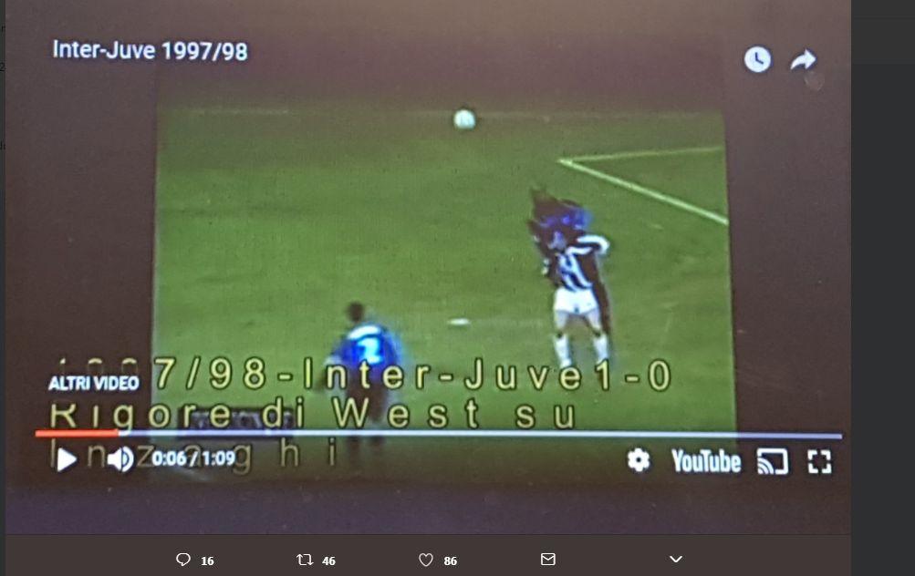 Juventus TV replica a Moratti: 'Se ci fosse stato il Var...', con l'immagine di un rigore di West su Inzaghi VIDEO