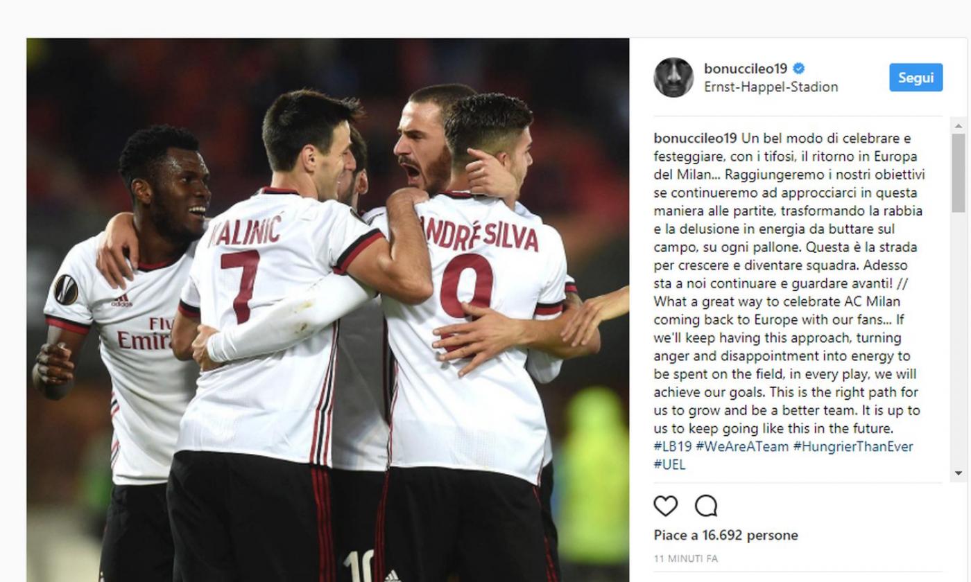 Milan, Bonucci esulta: 'Questa è la strada per diventare squadra' FOTO