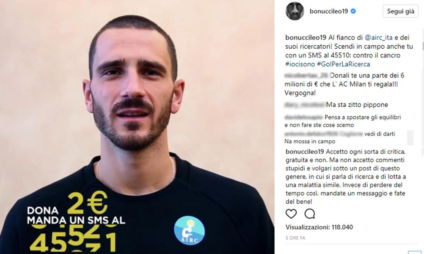 Bonucci insultato nel post per l'AIRC, la risposta è da applausi FOTO