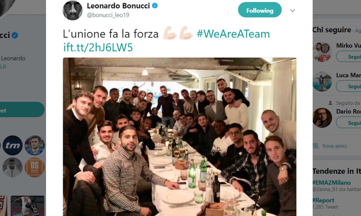 Il Milan fa gruppo a cena, paga Cutrone. Bonucci: 'L'unione fa la forza' FOTO