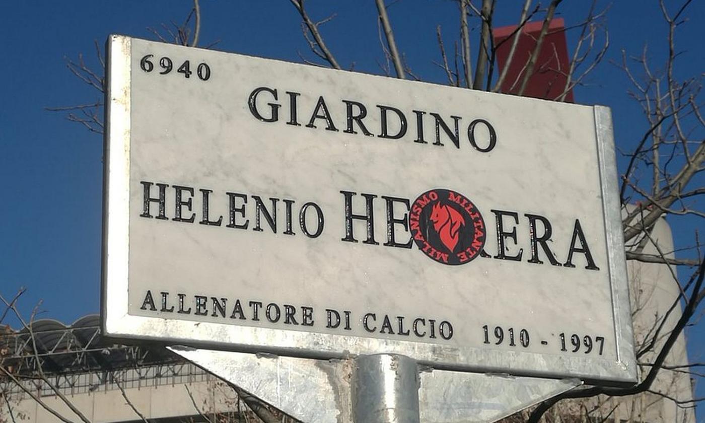 Rimessa in piedi la targa dei giardini dedicata a Herrera, ma è ancora rovinata da un logo dei tifosi del Milan