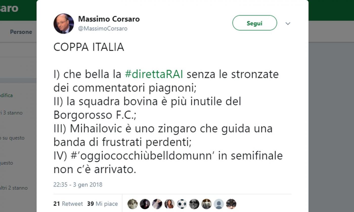 Il deputato Corsaro: 'Mihajlovic zingaro, Torino banda di frustrati perdenti. E il Napoli...' 