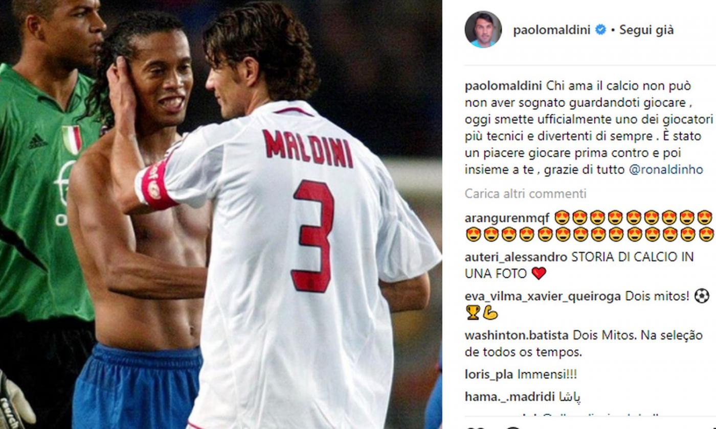 Milan, Maldini saluta Ronaldinho: 'Chi ama il calcio ha sognato guardandoti'