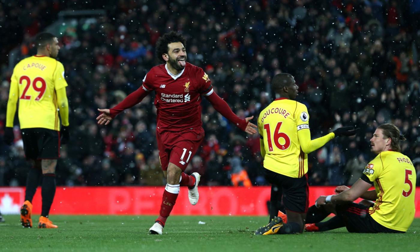 Premier, il Liverpool ne fa 5 al Watford: poker di Salah, a 28 gol in campionato