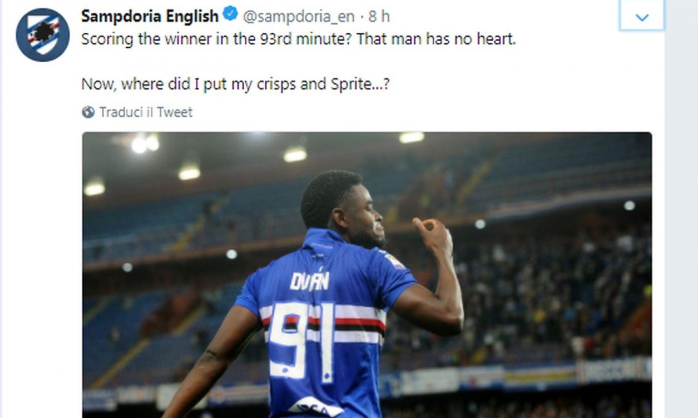 Anche la Samp 'prende in giro' la Juve: 'Gol al 93'? Zapata senza cuore, ora le patatine...' FOTO