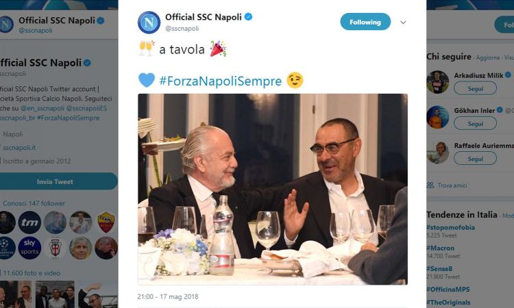 Napoli a cena, i tifosi chiedono a Sarri di restare. De Laurentiis: 'Autore e scultore della Grande Bellezza'