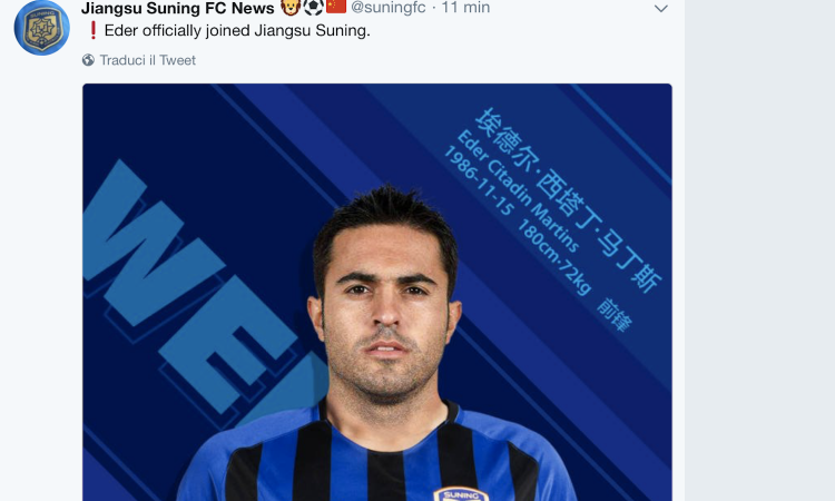 Inter, UFFICIALE: Eder è del Jiangsu Suning. Tutte le cifre dell'operazione