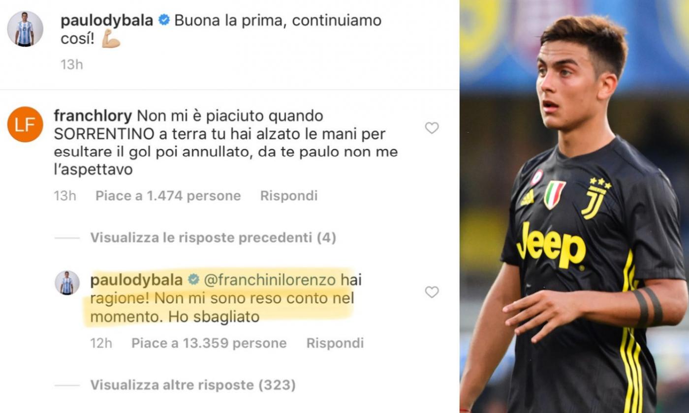 Dybala si scusa con Sorrentino: 'Ho sbagliato, non dovevo esultare'