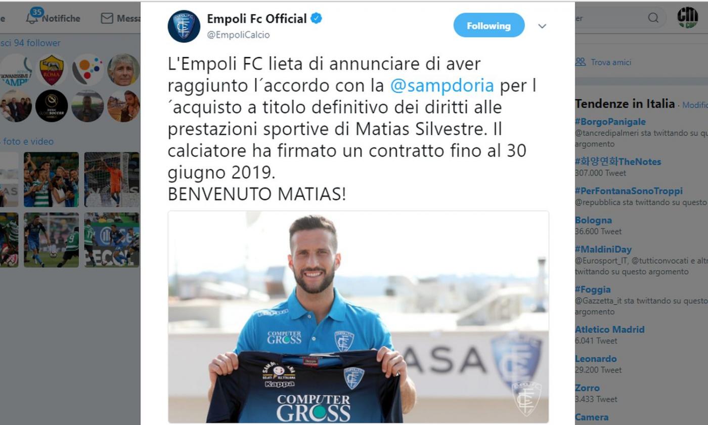 Empoli, UFFICIALE: preso Silvestre dalla Sampdoria FOTO