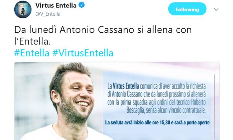 UFFICIALE: Cassano si allenerà con l'Entella, il comunicato della società