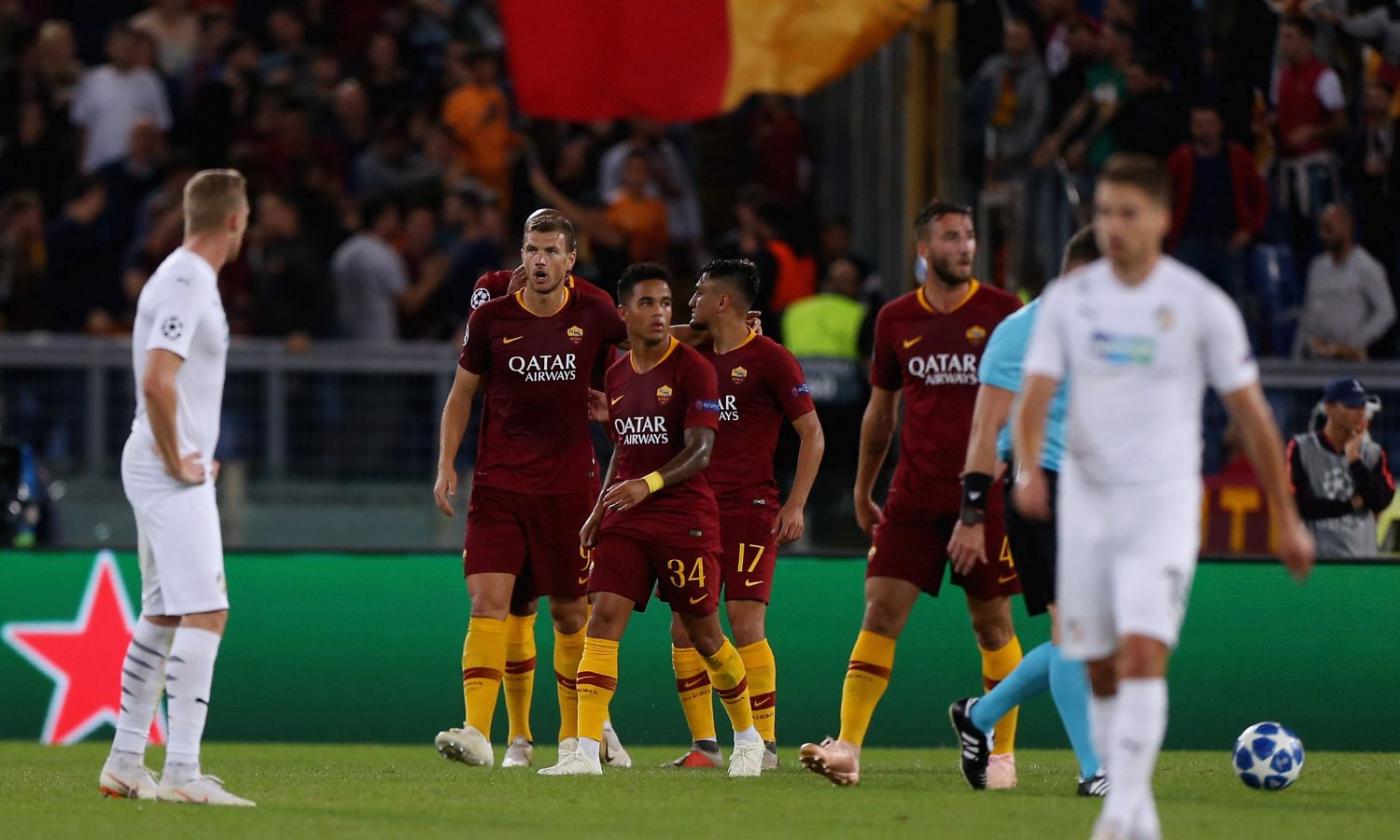 Dzeko risponde a Dybala: tripletta al Viktoria Plzen, manita Roma