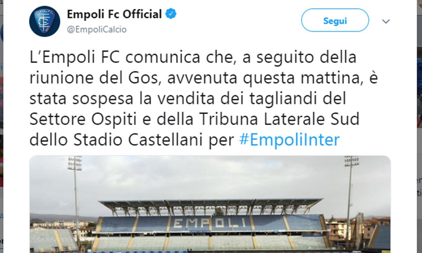 Prime misure post Inter-Napoli: l'Empoli sospende la vendita dei biglietti del settore ospiti per l'Inter