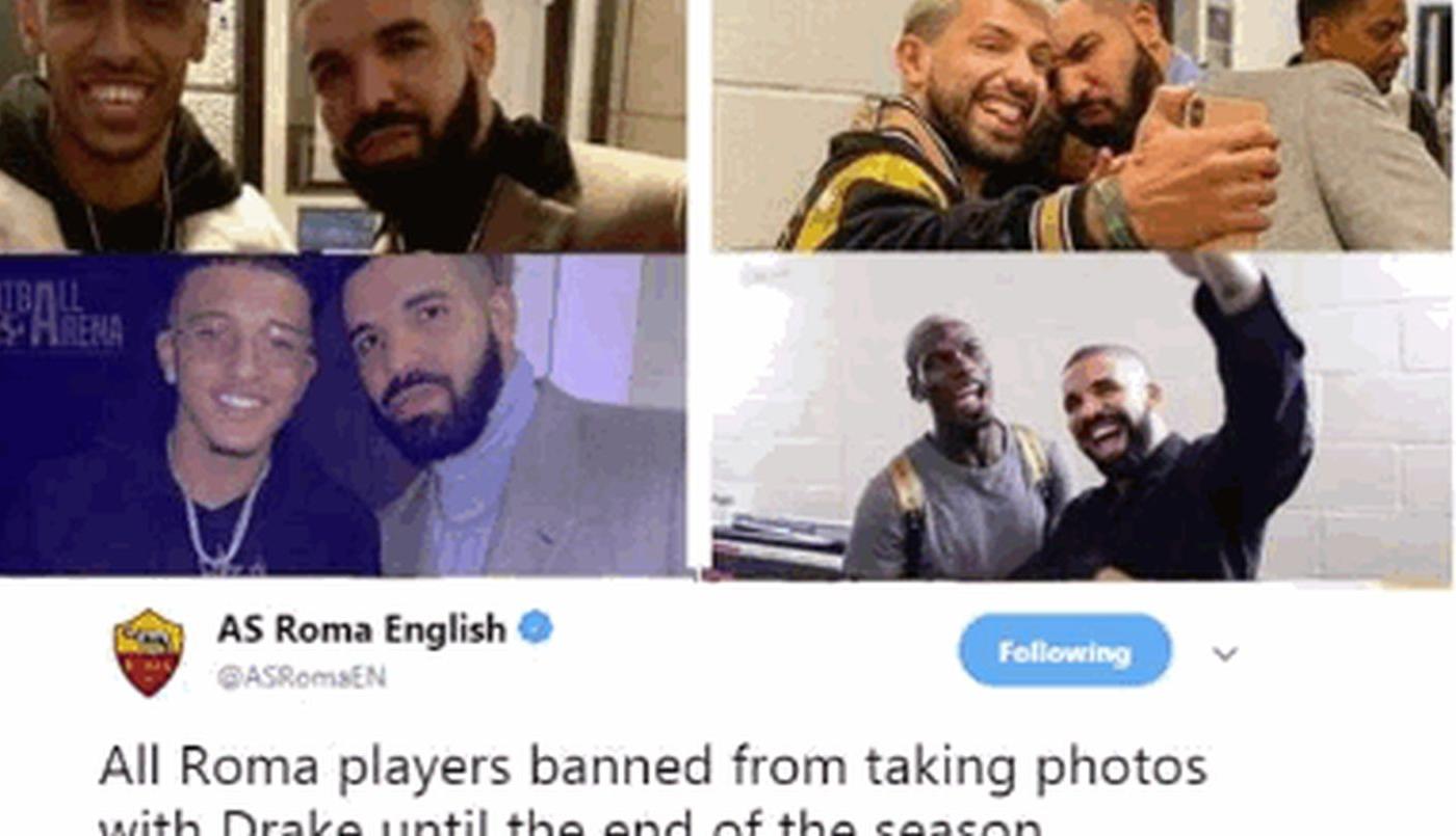 La 'maledizione di Drake' continua, la Roma: 'Niente foto con lui'. E il Man United gli mette la maglia del Barcellona