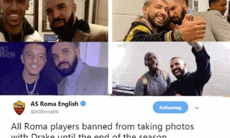 La 'maledizione di Drake' continua, la Roma: 'Niente foto con lui'. E il Man United gli mette la maglia del Barcellona