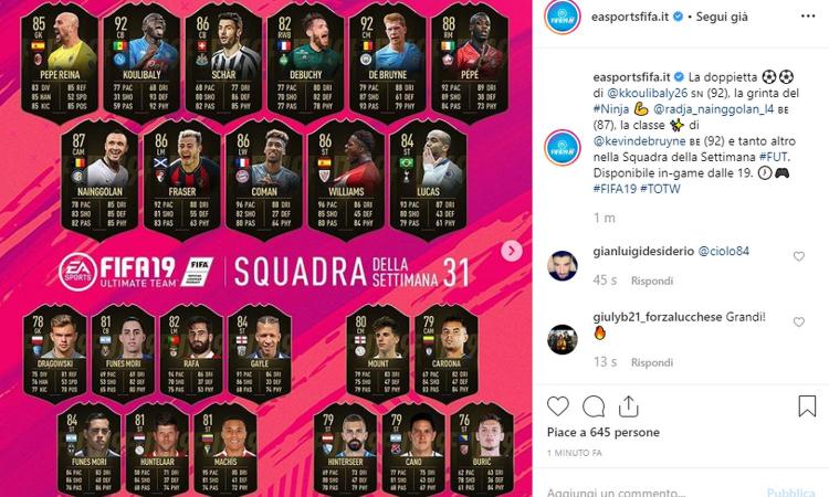 Fifa 19: Koulibaly, Nainggolan e Reina super nella nuova squadra della settimana