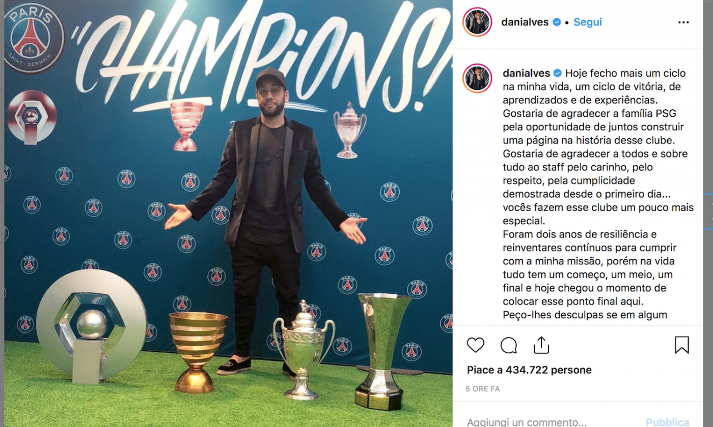 UFFICIALE, Dani Alves lascia il PSG: 'Si chiude un ciclo della mia vita'